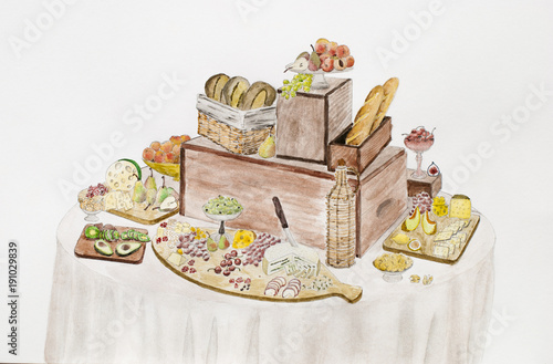 Buffet table. Cheeses, fruits and berries on a beautifully vintage decorated table.Hand draw on a white paper
