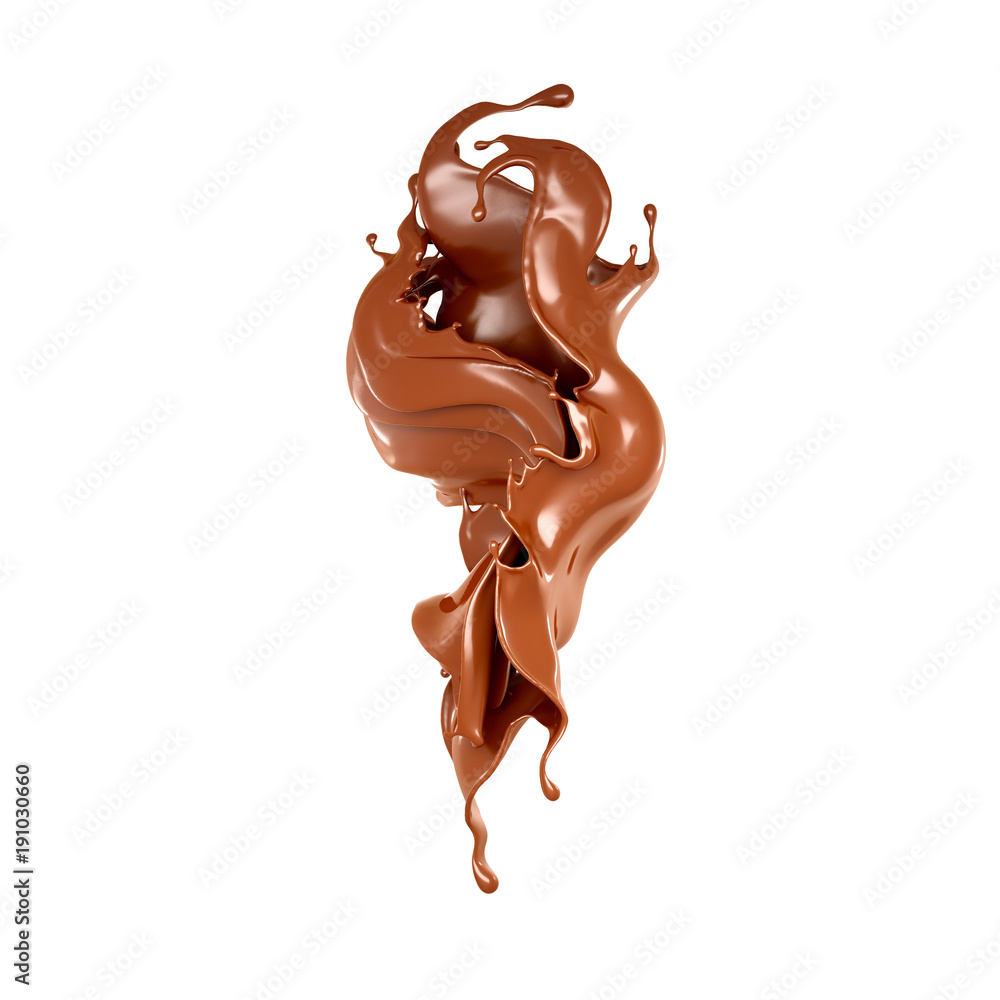 Obraz premium A splash of chocolate on a white background. 3d illustration, 3d rendering.