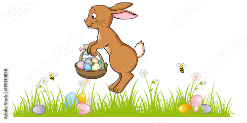Jumping Easter Bunny on a green meadow with Easter Eggs Banner 