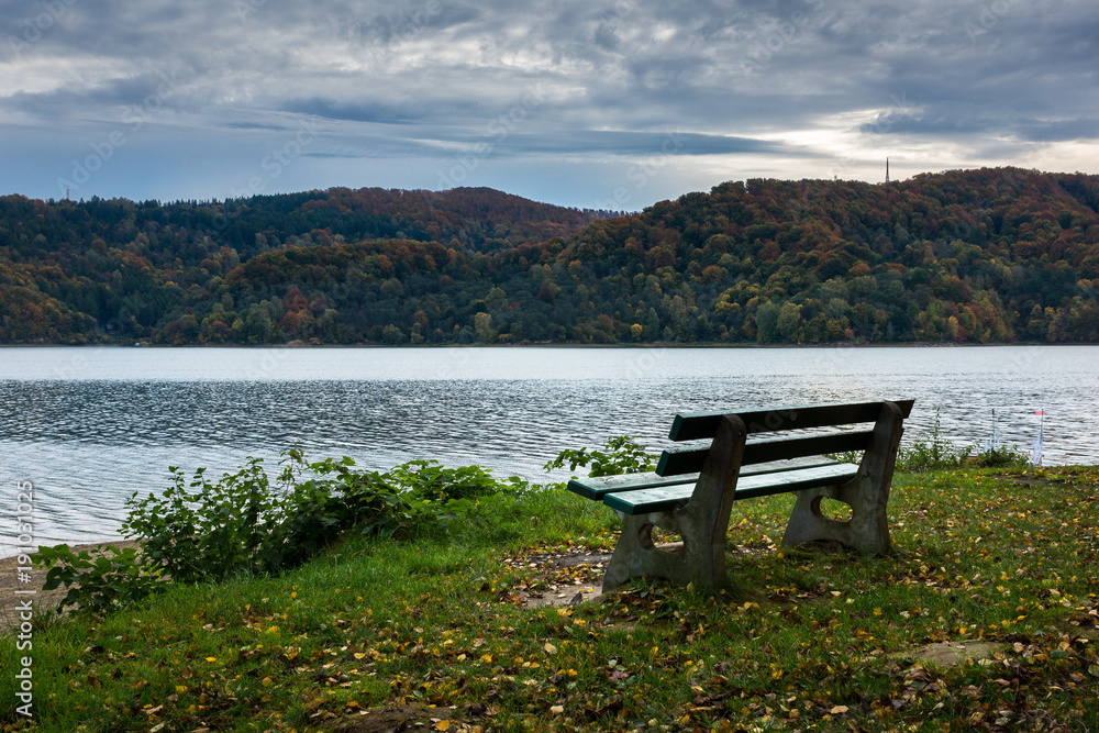 Bench by thr Solina lake in Polanczyk, Bieszczady, Poland