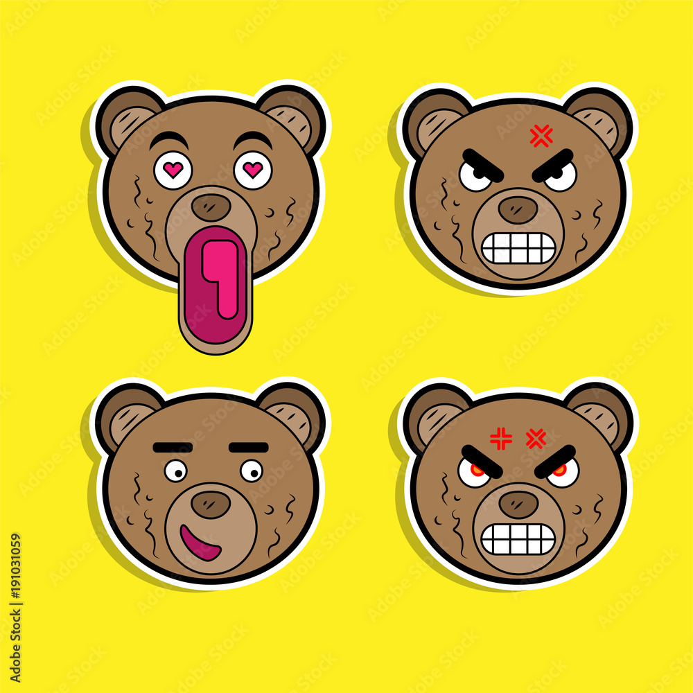 Fototapeta premium Brown bears with different facial expressions color sticker set
