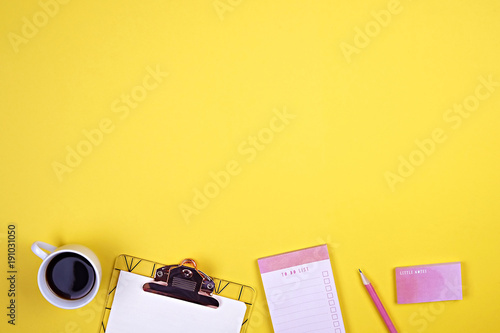 Set of school supplies with plain pencil pen, blank to do list notebook sheets, empty check box. Writer's workspace attributes, teacher's tabletop, hipster, girly, minimalistic flat lay composition.