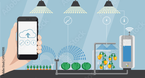 Internet of things in agriculture. Smart farm with artificial intelligence control. Vector illustration EPS 10