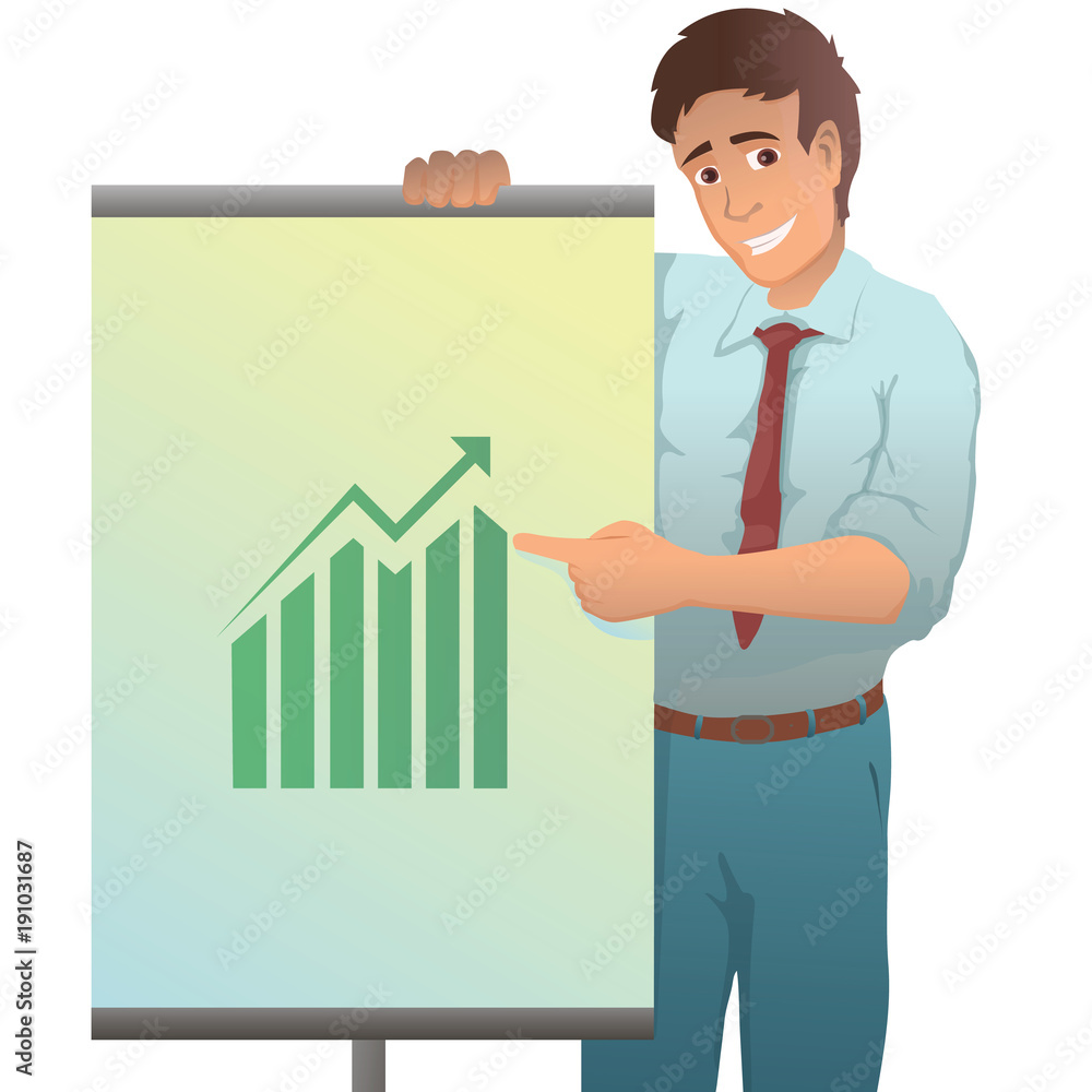 Confident young man standing near flip chart and pointing Confident young man standing near flip chart and pointing