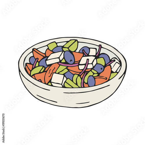 Vector illustration of greek salad in plate, vintage style, hand drawn.