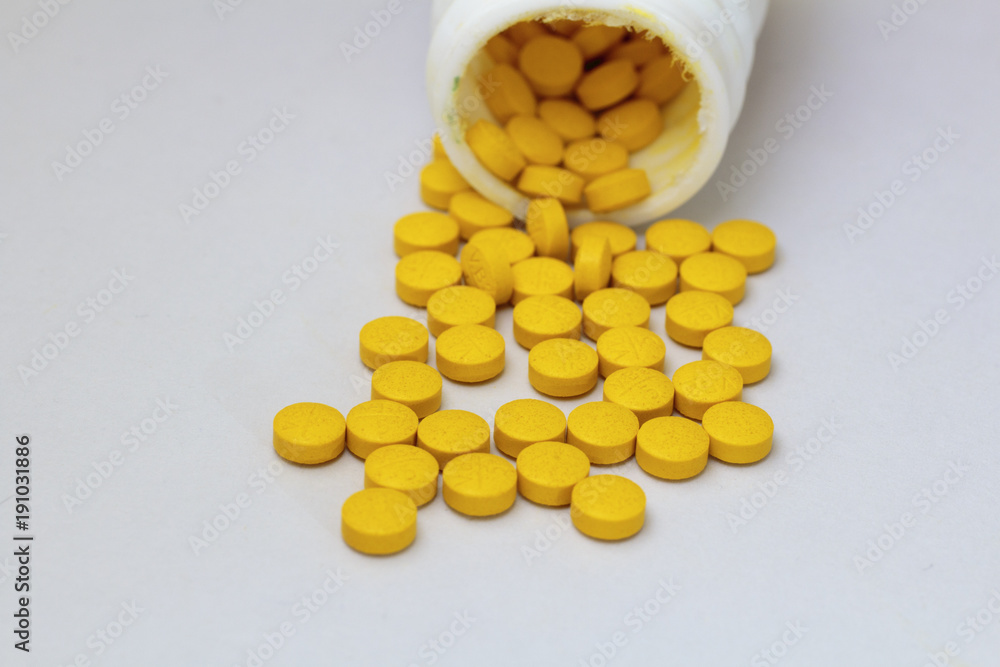 Pills and pill bottle , concept of medicine Pills and pill bottle , concept of medicine