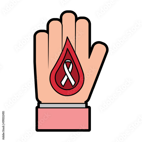 hand with drop blood and ribbon medical vector illustration