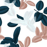 Seamless pattern, dark green, white and brown Ficus Elastica leaves on light pink background