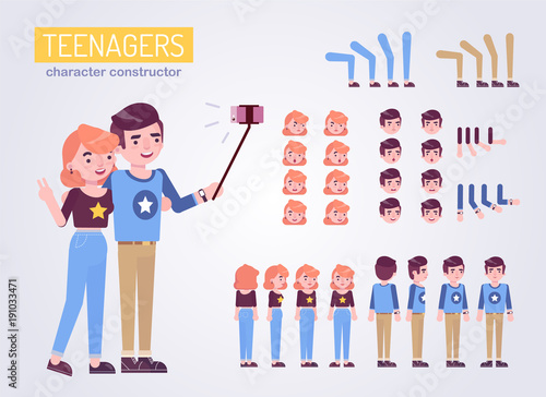Couple teenagers characters constructor girl and boy with various views, face emotions, poses, with glasses, laptop and bag. Front, side, back view animated character.