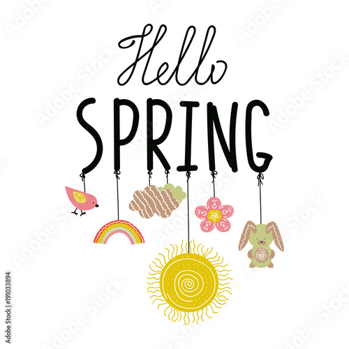 Hello Spring handwritting phrase with ropes and doodle spring symbols on it