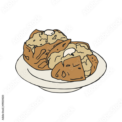 Vintage illustration of a baked jacket potato isolated on a white background in hand drawn style.