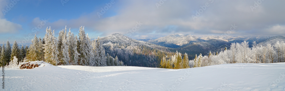 Panoramic view of Carpathian mountains in winter season Panoramic view of Carpathian mountains in winter season