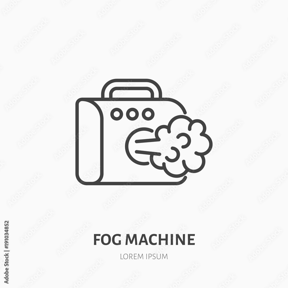 Fog, smoke machine flat line icon. Special effects equipment rental sign. Thin linear logo for event supplies store. Fog, smoke machine flat line icon. Special effects equipment rental sign. Thin linear logo for event supplies store.