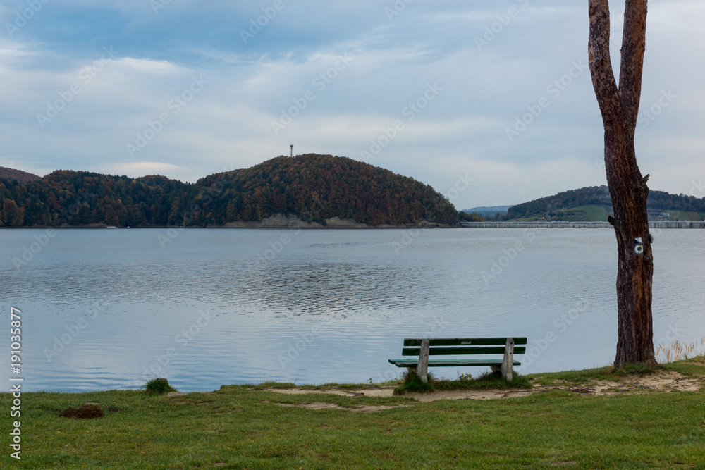 Bench by thr Solina lake in Polanczyk, Bieszczady, Poland Bench by thr Solina lake in Polanczyk, Bieszczady, Poland