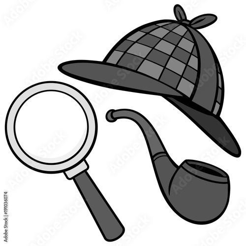 Detective Hat, Pipe and Magnifying Glass Illustration - A vector cartoon illustration of a Detective Hat, Pipe and a Magnifying Glass.
