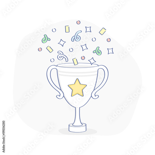 Celebration championship Winner Cup with confetti, reward, first place award best results, champion symbol, top success concept, competition reward, game victory outline vector icon illustration.