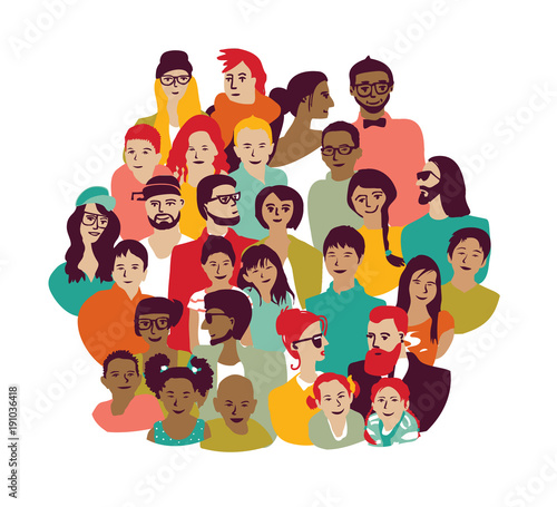 Isolated group happy families parents with children.