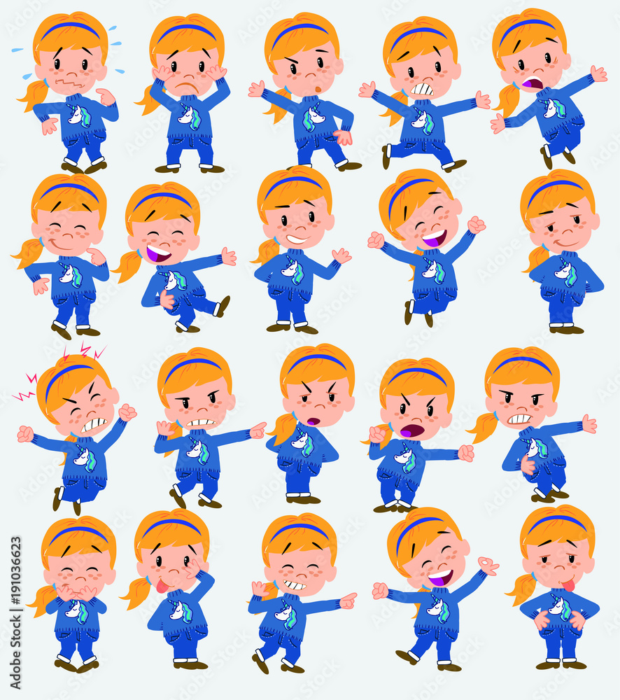 Cartoon character white girl. Set with different postures, attitudes and poses, doing different activities in isolated vector illustrations.