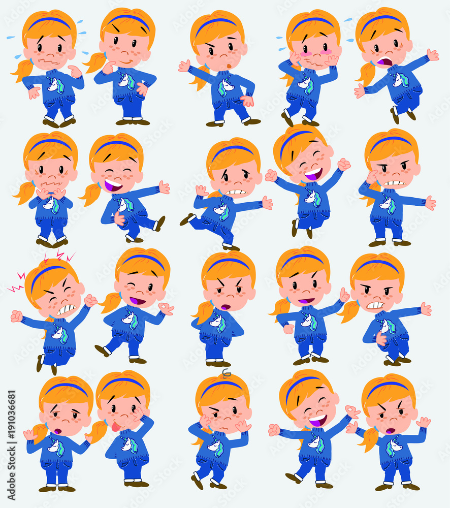 Cartoon character white girl. Set with different postures, attitudes and poses, doing different activities in isolated vector illustrations. Cartoon character white girl. Set with different postures, attitudes and poses, doing different activities in isolated vector illustrations.
