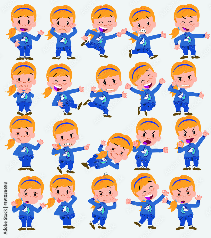 Cartoon character white girl. Set with different postures, attitudes and poses, doing different activities in isolated vector illustrations. Cartoon character white girl. Set with different postures, attitudes and poses, doing different activities in isolated vector illustrations.