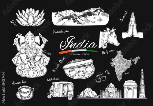 India. Indian Heritage. Vector hand drawn symbols of India. Isolated objects on white.