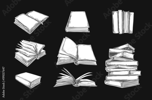 Books vector collection. Pile of books. Hand drawn illustration in sketch style. Library, Books shop