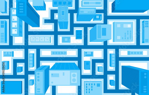 Flat style vector illustration of aerial birds eye view of city with buildings and houses detailed view of city from above.