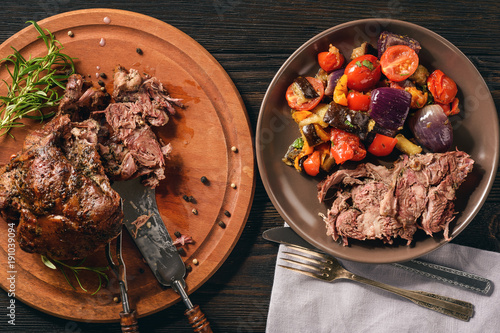Roasted lamb fillet with oven baked vegetables.