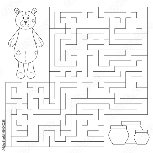 Vector educational maze game for kids. Help teddy bear find honey pots. Coloring page or book. Printable