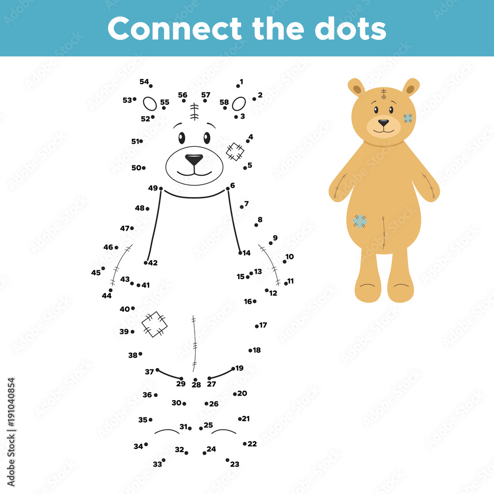 Teddy bear connect the dots. Coloring page or book. Educational drawing