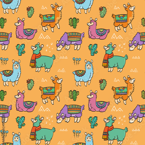 Cute outline seamless pattern with llamas. Ink vector illustration. For children and coloring books