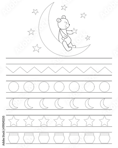 Handwriting practice sheet for kids, good night teddy bear. Printable worksheet. Coloring page or book. Practicing fine motor skills, educational game for children.