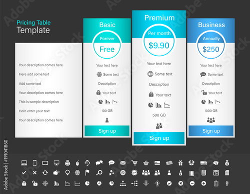 Pricing table with 3 plans and one recommended. Blue header colour scheme and dark background