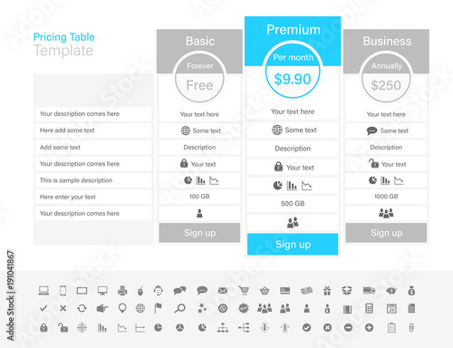 Pricing table with 3 plans and one recommended. Light grey and light blue colour scheme.