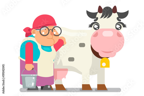 Milkmaid farmer granny adult rancher old age woman peasant character cartoon villager isolated flat design vector illustration