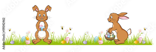 Happy Easter Banner with Easter Bunnies on a green meadow