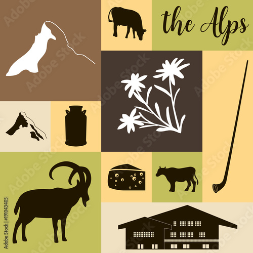 The Alps flat icons. Mountain Matterhorn, Alpine ibex, chalet, edelweiss flowers, alpenhorn, milk, squared