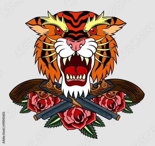 Fototapeta Naklejka Na Ścianę i Meble -  Portrait of a grinning Tiger in an old school style