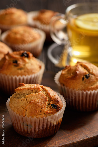 Homemade buckwheat muffins, gluten free, on wooden background.