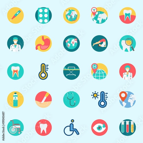 icons set about Medical. with surgeon, stethoscope, tooth, tablets, yoga and test tubes