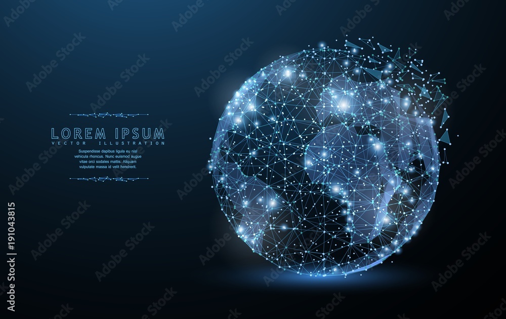 Globe. Polygonal wireframe mesh icon with crumbled edge looks like constellation. Concept illustration or background - obrazy, fototapety, plakaty 