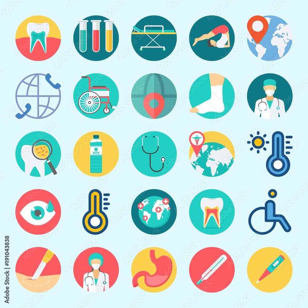 Icons set about Medical with worldwide, surgeon, surgery, stretcher, stethoscope and test tubes