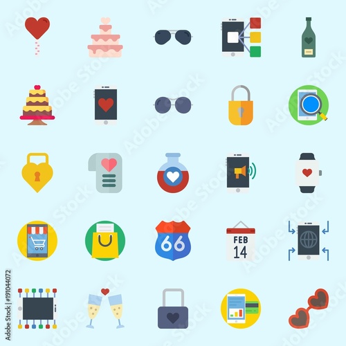 icons set about Romance Lifestyle. with wine bottle, toast, potion, sunglasses, route and lolipop