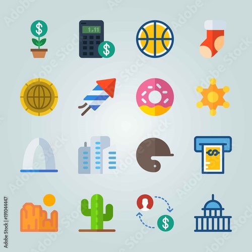 Icon set about United States. with coin, badge and grand canyon