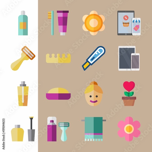 icon set about beauty with razor, toe separator and woman face