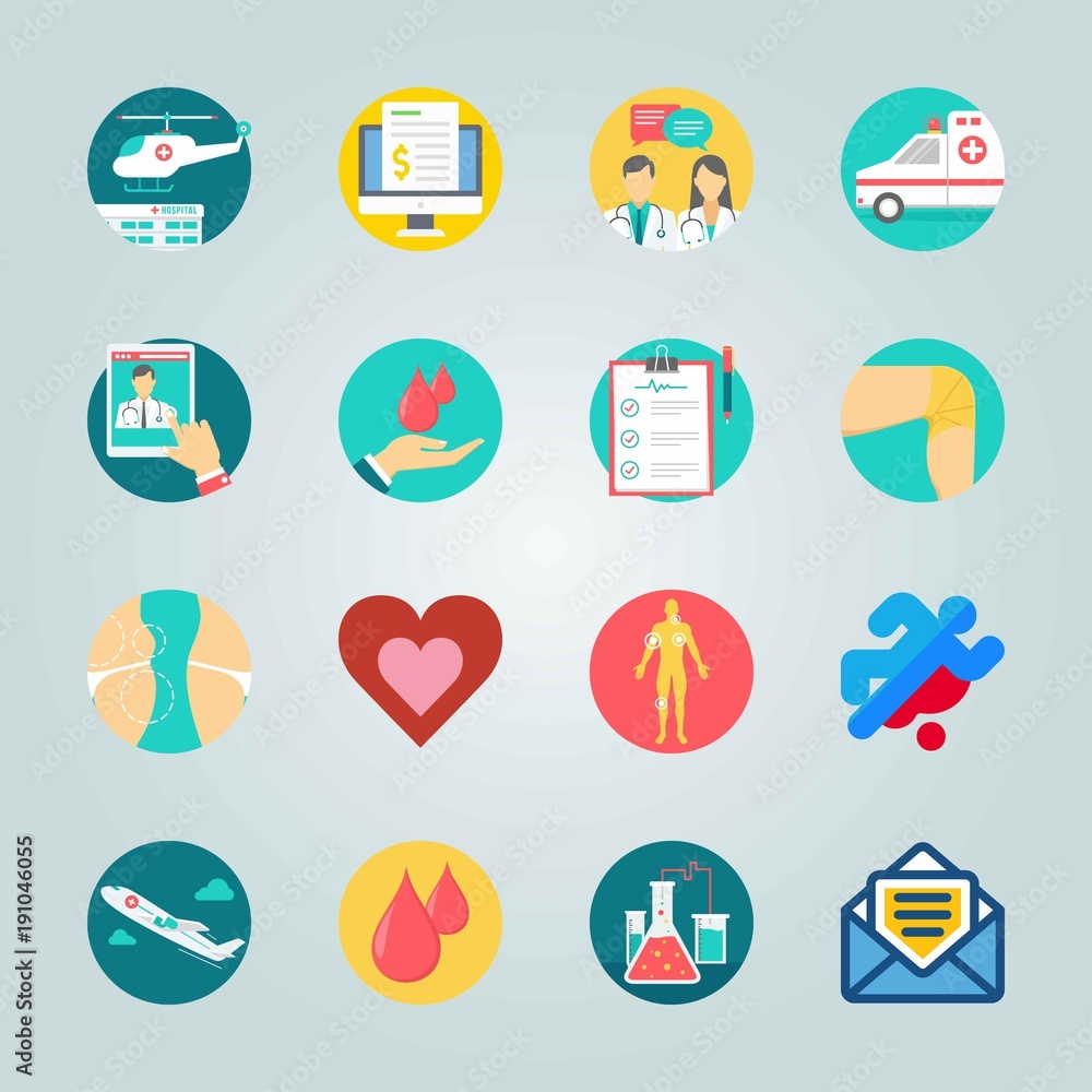 Icon set about Medical. with blood donation, letter and knee injury