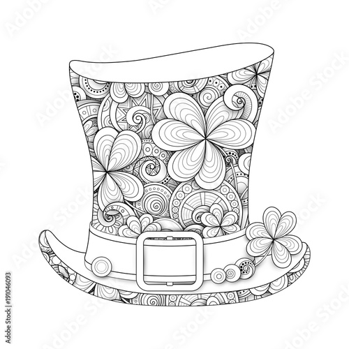 Leprechaun Vintage Top Hat Illustration. Monochrome Doodle St Patrick Day Symbol. Decorative Ornament with Clover Leaf, Abstract Coins and Swirl. Coloring Book Page. Vector 3d Ornate Drawing