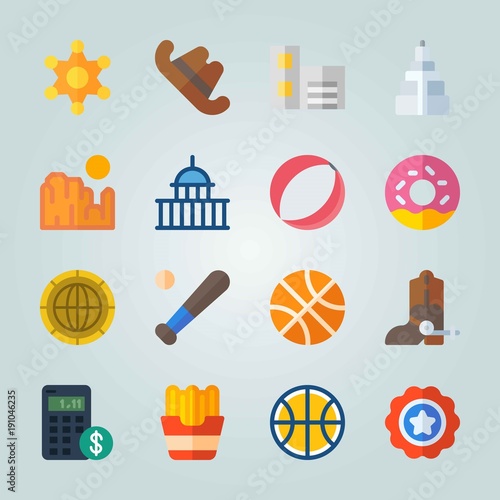 Icon set about United States. with potato, building and calculator