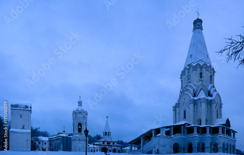 Winter view to Ascension Church and Church of St. George with belltower Kolomenskoye, Moscow, Russia