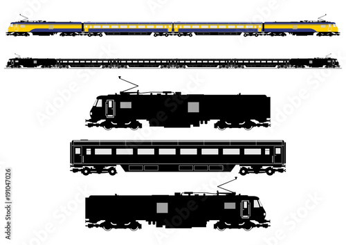 Simplified passenger train silhouette. Side view. Flat vector.